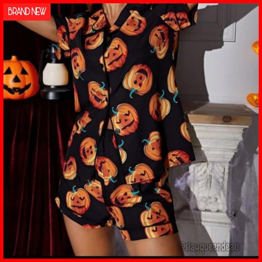 Women's Halloween Pajama Set Pumpkin Print Short Sleeve Blouse Lounge Shorts - Picture 2 of 3